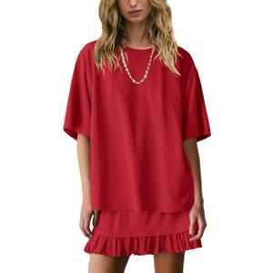 Yanekop Womens 2 Piece Skirt Sets Summer Two Piece Lounge Set Travel Vacation Outfits Oversized Tee Shirts Mini Skirt, Size L