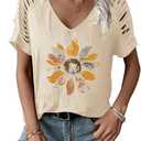 Women's Cut Out V Neck T-Shirts Boho Floral Graphic Tee Summer Cold Shoulder Short Sleeved Tops (XX-Large)