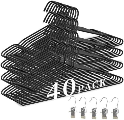 40Pack Heavy Duty Thickened and Reinforced Metal Hangers+5 Clothes Pins, Non-Slip Black Metal Hangers, Weight Capacity 50 lbs, Heavy Duty Hanger for Coats, Suits, Shirts, Dresses