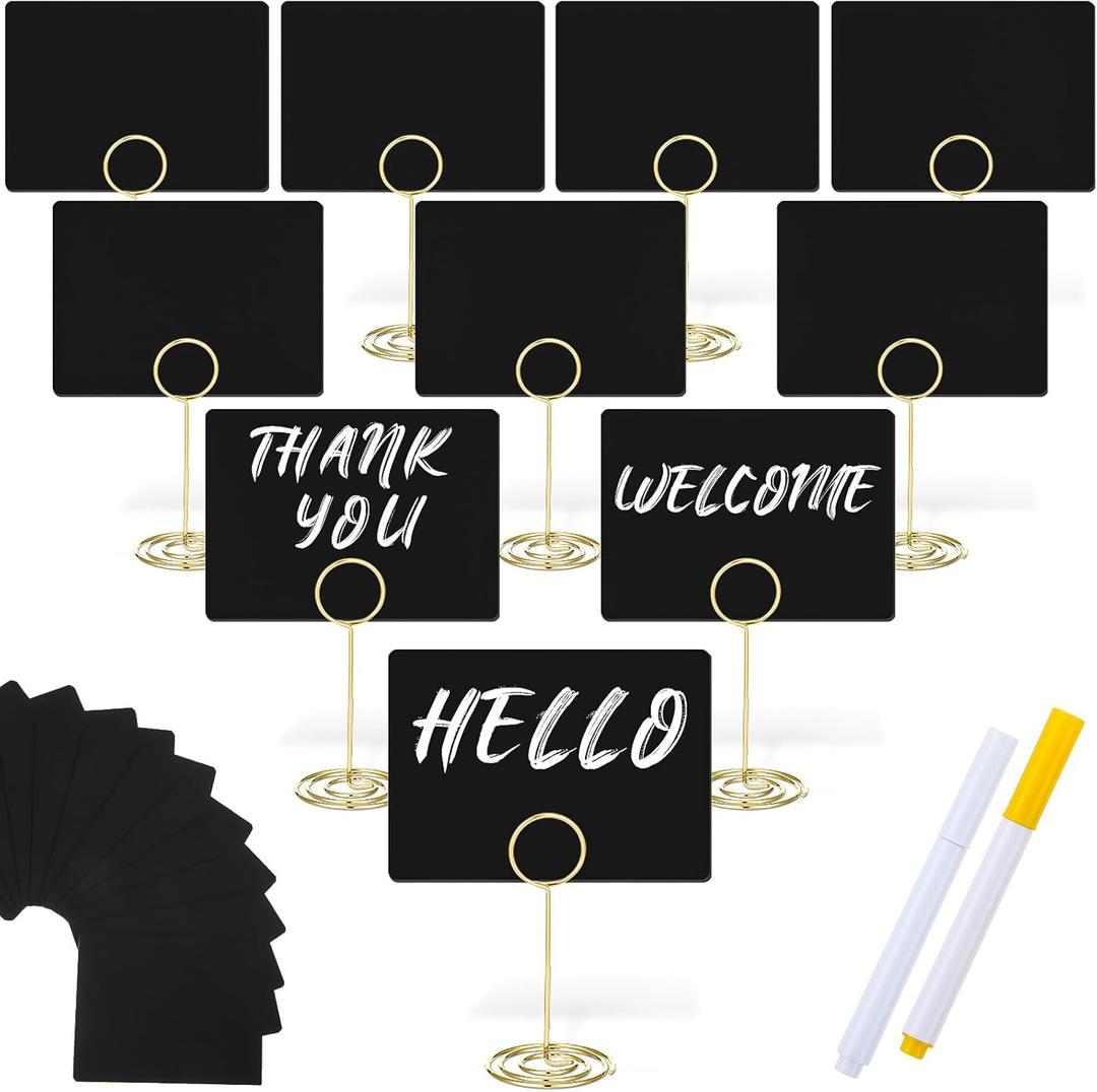 TecUnite 12 Pcs Mini Chalkboard Signs, 4"x3" Small Chalkboard Label with Metal Stand 2 Water Based Chalk for Food Buffet Tabletop Blackboard Sign for Party Bakery(Gold,3.4 x 1.6 in)