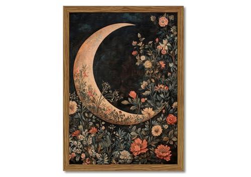 Moody Moon Floral Wall Art Dark Academia Goth Moon Wall Decor Painting Vintage Flower Celestial Artwork 3D Texture Sandstone for Bedroom Living Room 16x24 inch Wood Framed