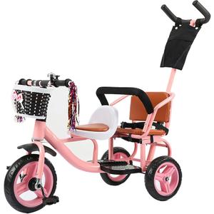 Kids Trike Bike Stroller- Double Tricycle Easy for Toddler with Removable Push Handle,Safety Harness,High Carbon Steeltrike Frame,Boys and Girls Ages Year Old, Pink