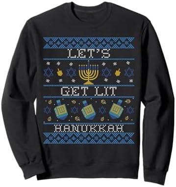 Let's Get Lit Hanukkah Ugly Christmas Sweater Hanukkah Sweatshirt Size 2XL