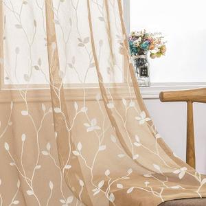 AmHoo 2 Panels Embroidered Leaf Pattern Semi Sheer Curtains Foliage Floral Voile Window Draperies Treatment for Bedroom Living Room Rod Pocket Beige 53 x 84 Inch