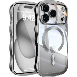 UEEBAI for iPhone 17 Pro Case, Cute Wave Frame Magnetic Phone Case Compatible with Magsafe Full Camera Protection Cover Soft Electroplated Phone Cover for Women Girls - Silver