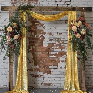 KUKUSOUL 12''x18FT Reception Background Wedding Arch Drapes Gold Sequin Wedding Arch Draping Fabric Drapery for Wedding Ceremony Reception Swag and Backdrop Decorations 1 Panel KULWMDJ001