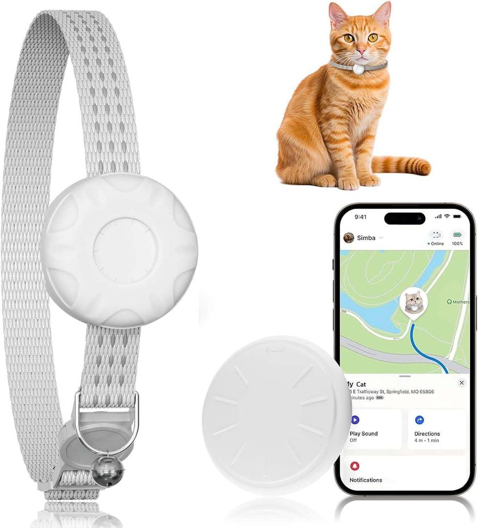 Cat Tracker, MINI GPS Tracker for Cats Compatible with Apple Find My App(Only iOS), No Monthly Fee Pet Tracker, Real-Time Tracking, Smart Alerts, Up to 1-Year Battery, White