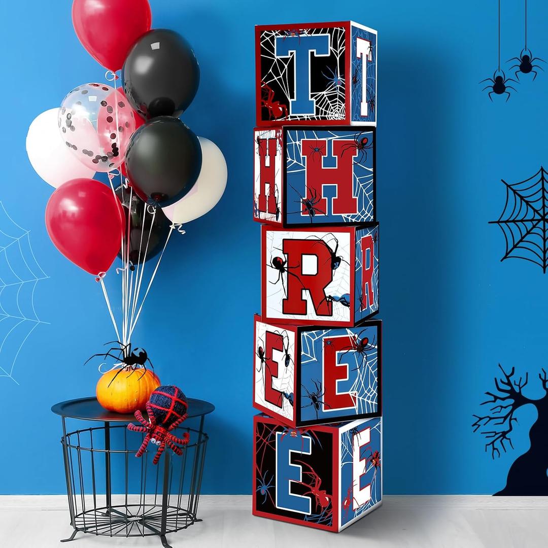 Feifeiya 5 Pcs Spider 3rd Birthday Decoration Spider Theme Balloon Boxes "three" Letter Box Blocks for Boy Three Years Old Birthday Party Decoration Backdrop Photoshoot Props