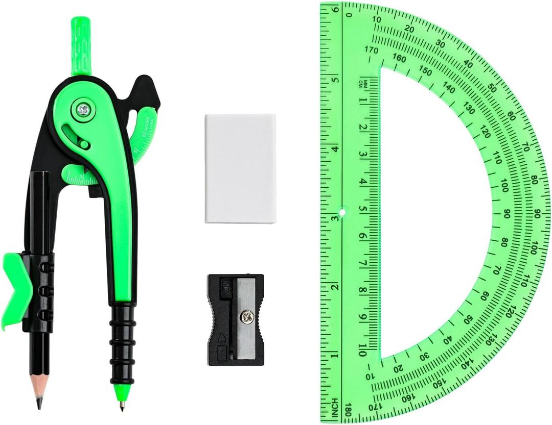 4 x Unjoo Compass for Geometry Set, 6 Inch Clear Protractor (Dark Green)