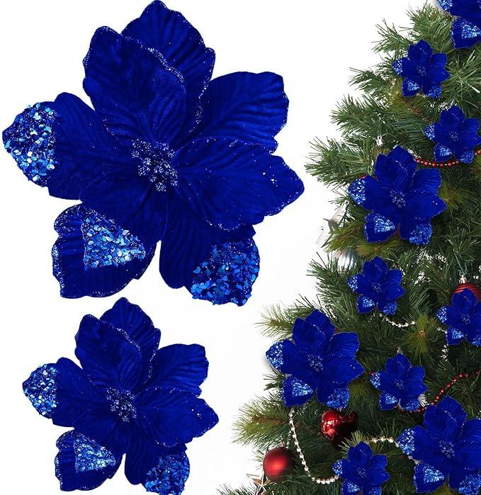 Thiccywoov Dark Blue 16 Pcs Christmas Poinsettia Flowers Decoration Artificial Velvet Flowers Glitter Magnolia Flower Ornaments for Christmas Tree Wreath Garland Decor 9.4 Inch and 6.3inch