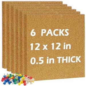 DOLLAR BOSS Cork Board Tiles, 6 Packs 12" x 12" 1/2" Thick Cork Bulletin Board Self Adhesive Corkboards for Walls with 60 Pushpins for Home Office Kitchen School Decor Display
