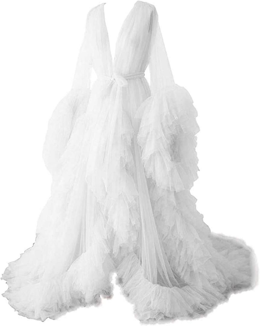 Tulle Robe Long Lingerie Bridal Dressing Gown Puffy Nightgown Photoshoot (White) M