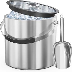 3.2L Double Wall Stainless Steel Ice Bucket with Lid,Scoop, Updated Insulated Ice Bucket for Cocktail Bar and Parties