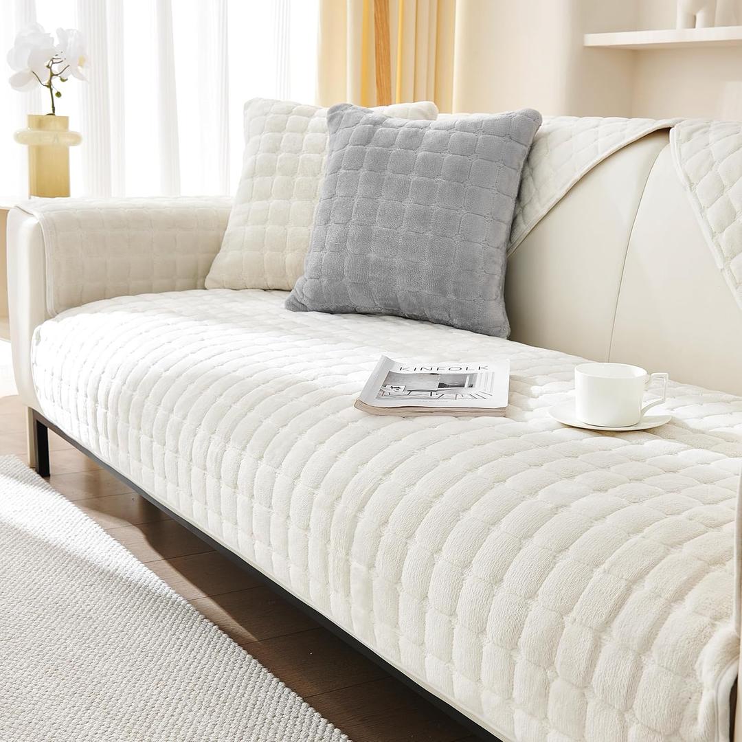Couch Cover Sofa Covers Washable, Velvet Fuzzy Sofa Slipcovers for 3 Cushion Couch, Non-Slip Furniture Protector for Dog Pet, L Shaped Recliner Sectional Couch Cover White,36"X71"(Only 1 Pc)