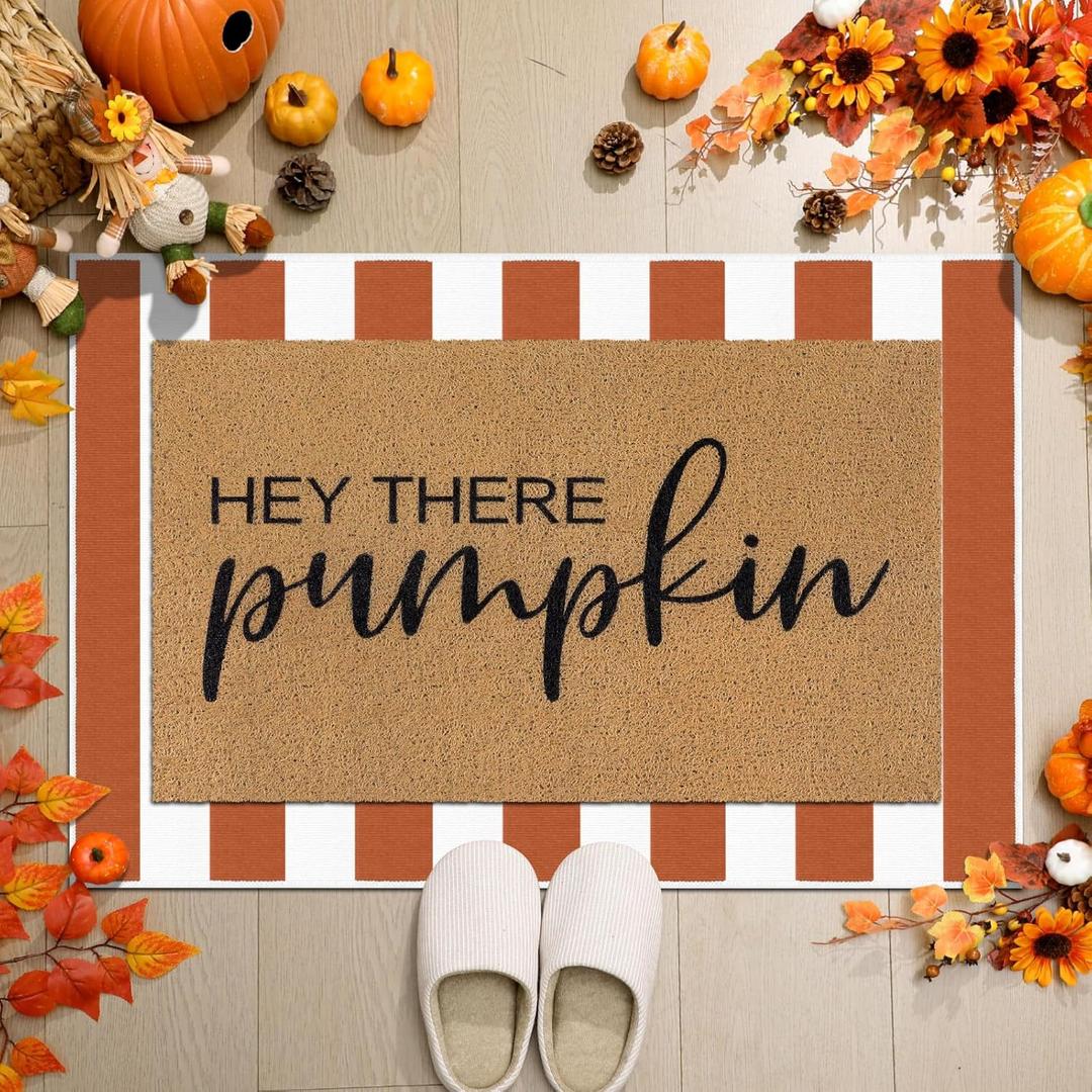 Drydiet 2 Pcs Thanksgiving Doormats Hey There Pumpkin Welcome Door Mats Fall Front Porch Layered Door Rugs Non Slip Floor Mats for Entryway Indoor Outdoor Decor (Orange, White)