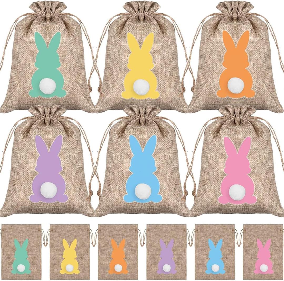 HIPIHOM 24pcs Easter Burlap Bags, Bunny Jute Gift Bags with Drawstring for Candy, Birthday, Wedding Party Favors, Decoration Supplies, 3.9x5.9IN (Brown)