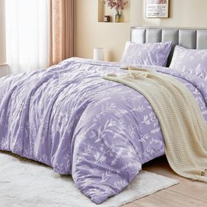 MUXHOMO Duvet Cover King Size, Reversible Floral Lavender Duvet Cover Set with Zipper Closure, 3 Pieces Botanical Patterns Soft Microfiber Bedding Set (90"x104", 2 Pillow Cases 20"36") (01 - Lavender Leaves (No Comforter))