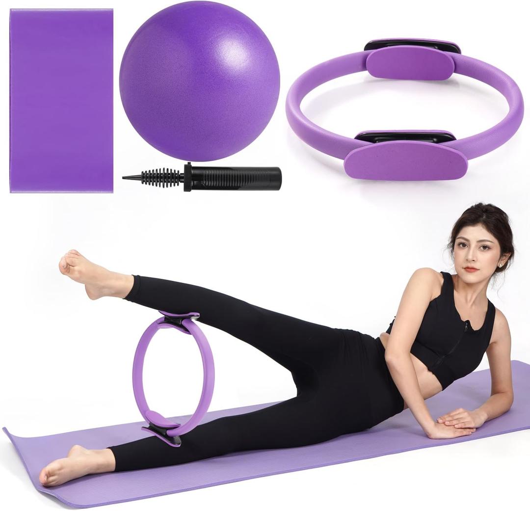 Tsikavo Pilates Ring, Pilates Ring Circle and Ball Set, 12 Inch Magic Circle Pilates Ring,9 Inch Small Exercise Ball,Resistance Bands Set, Home Pilates Equipment for Women (Purple)