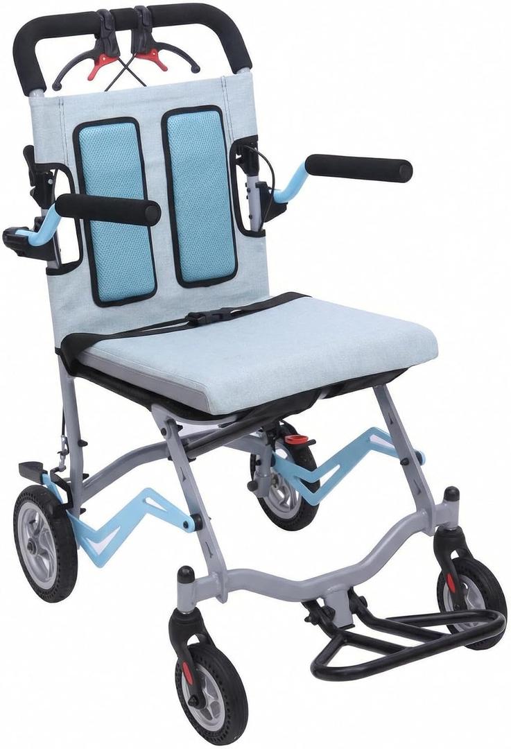 Ultra Lightweight Folding Wheelchair for Seniors, Portable Transport Chair with Flip Armrests and Swing Footrests, Locking Handbrakes, 16" Wide Seat, Gray Blue
