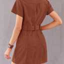 Women's Corduroy Mini Dress Short Sleeve Lapel Zip Up Belted Cowgirl Dresses with Pockets (Brown, XXL)