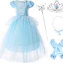 JerrisApparel Girls Princess Costume Puff Sleeve Fancy Birthday Party Dress up (2T, Blue With Accessories)