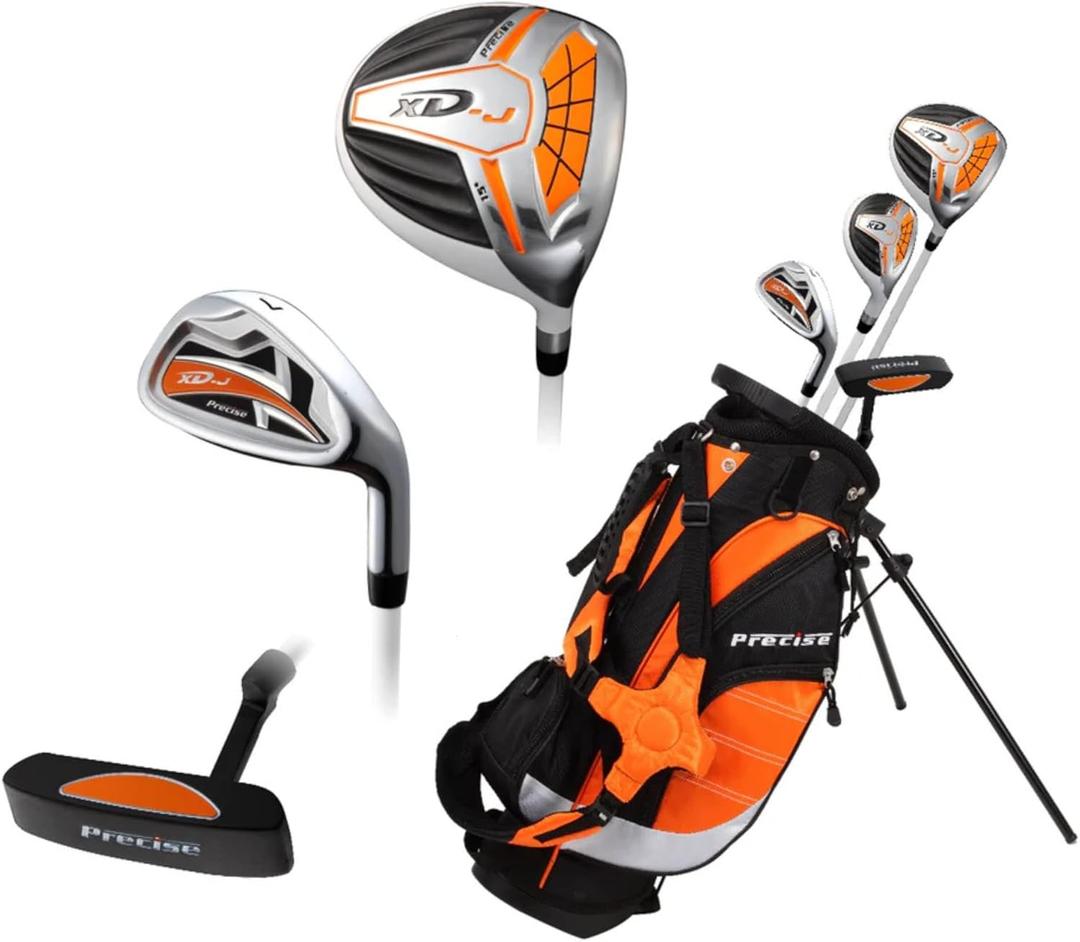 Precise XD-J Junior Golf Clubs Set Left Hand Options Kids Golf Clubs for Ages 3-5, 6-8, 9-12 Lightweight Graphite Shafts, Hybrid Club, Stand Bag Boys & Girls Golf Set