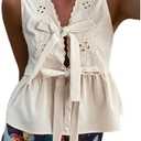 SOLY HUX Women's Y2k Bow Tie Front V Neck Sleeveless Blouse Eyelet Embroidery Ruffle Hem Babydoll Tops XS
