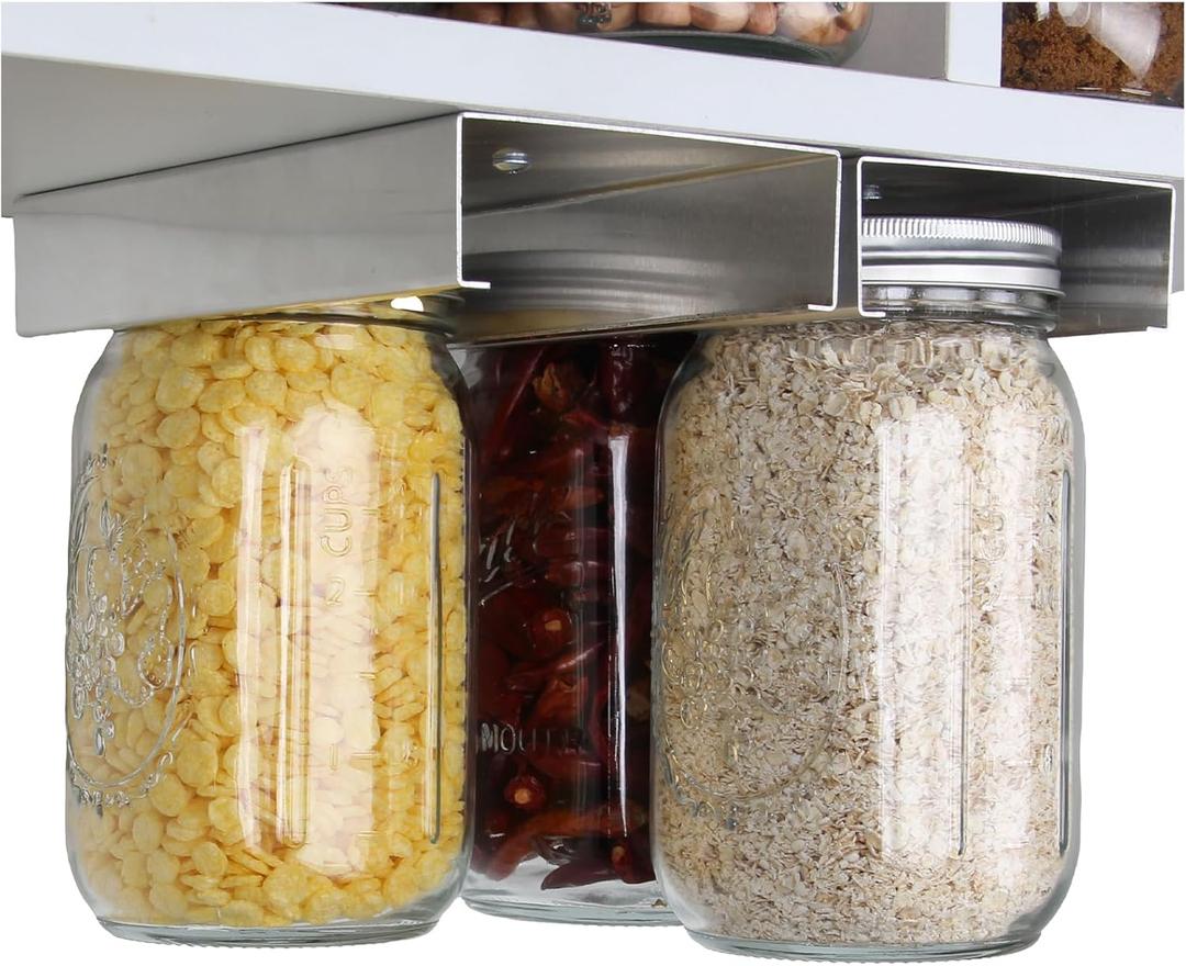 Mason Jar Organizer, Mason Jars Rack for Food Storage, Canning Jar Holder Under Kitchen Cabinet, Mason Spice Jars Hanger Brackets for 4oz, 8oz, 12oz, 16oz, 24oz, 32oz, 64oz (2 Pcs-Wide Mouth)