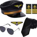 Airline Pilot Costume for Men Pilot Hat Epaulettes Sunglasses and Wing Patche Halloween Party Cosplay Supplies