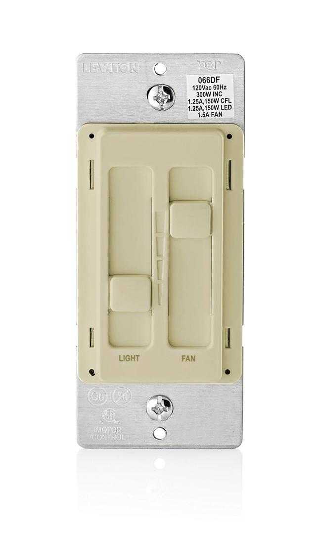 Leviton SureSlide Ceiling Fan Control and Dimmer Switch for LED, Halogen and Incandescent Bulbs, 66DF-10I, Ivory