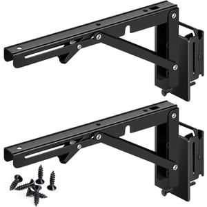 10 Inch E Track Shelf Brackets - E-Track Folding Bracket Etrack Accessories for DIY Collapsible Shelves Hinge Table Workbench in Enclosed Trailer, Garage, Van and Truck - Heavy Duty Metal Black 2 Pcs