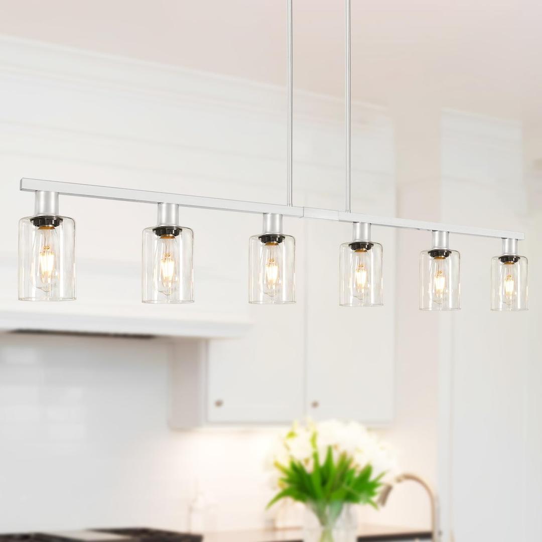 6-Light Kitchen Island Lighting with Glass Shade and Adjustable Rods, Brushed Nickel Dining Room Light Fixture Over Table, Farmhouse Linear Chandelier Pendant Light for Kitchen Living Room
