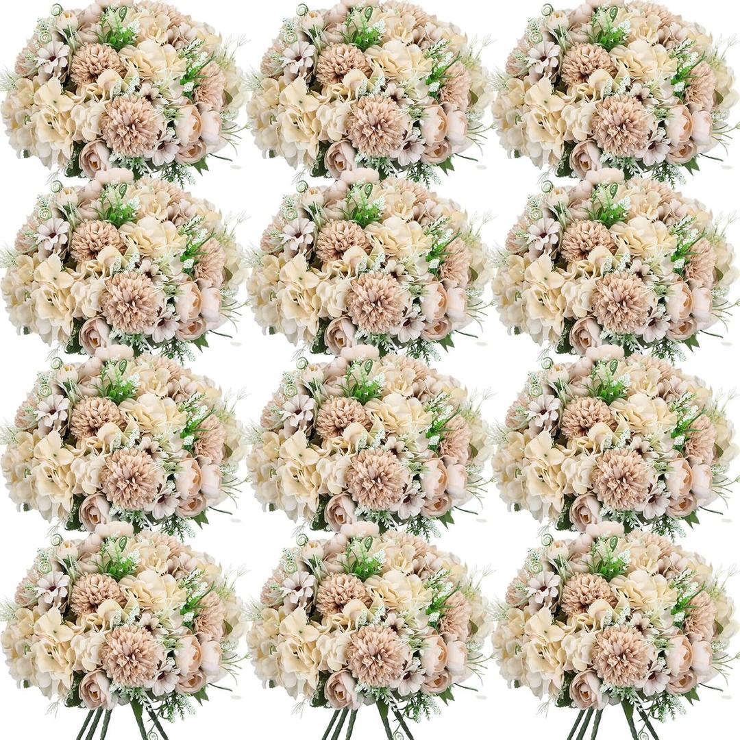 Tigeen 12 Bundles Peonies Artificial Flowers Faux Roses Silk Flowers Hydrangea Artificial Bouquet for Wedding Table Centerpiece Floral Vase Home Office Bridal Decor (Coffee Color)