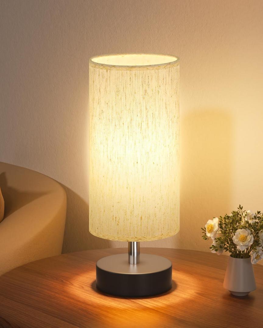 Small Table Lamp for Bedroom - Bedside Lamps for Night Stands, Minimalist Nightstand Light Lamp, Desk Lamps for Living Room, Office, Dorm (11.6" Inline Control, Cream Shade-Black Base)