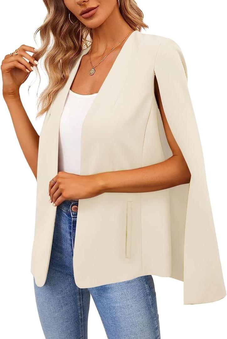 Women's Cape Blazer Split Long Sleeve Open Front Blazer Jacket Business Casual Suit Tops Cardigan Coats Apricot (L)