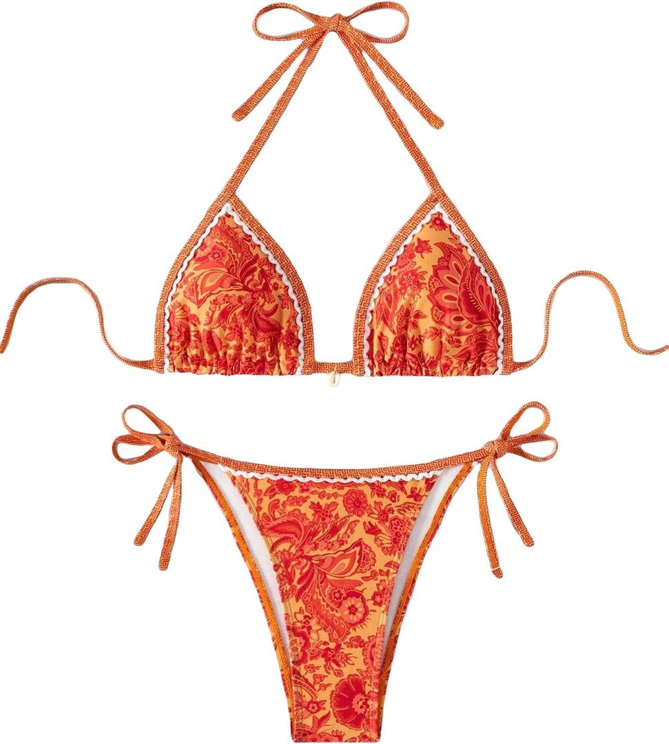 Women's Floral Printed Bathing Suit Halter Paisley Summer Swimsuit Bikinis Set (Medium, Orange)