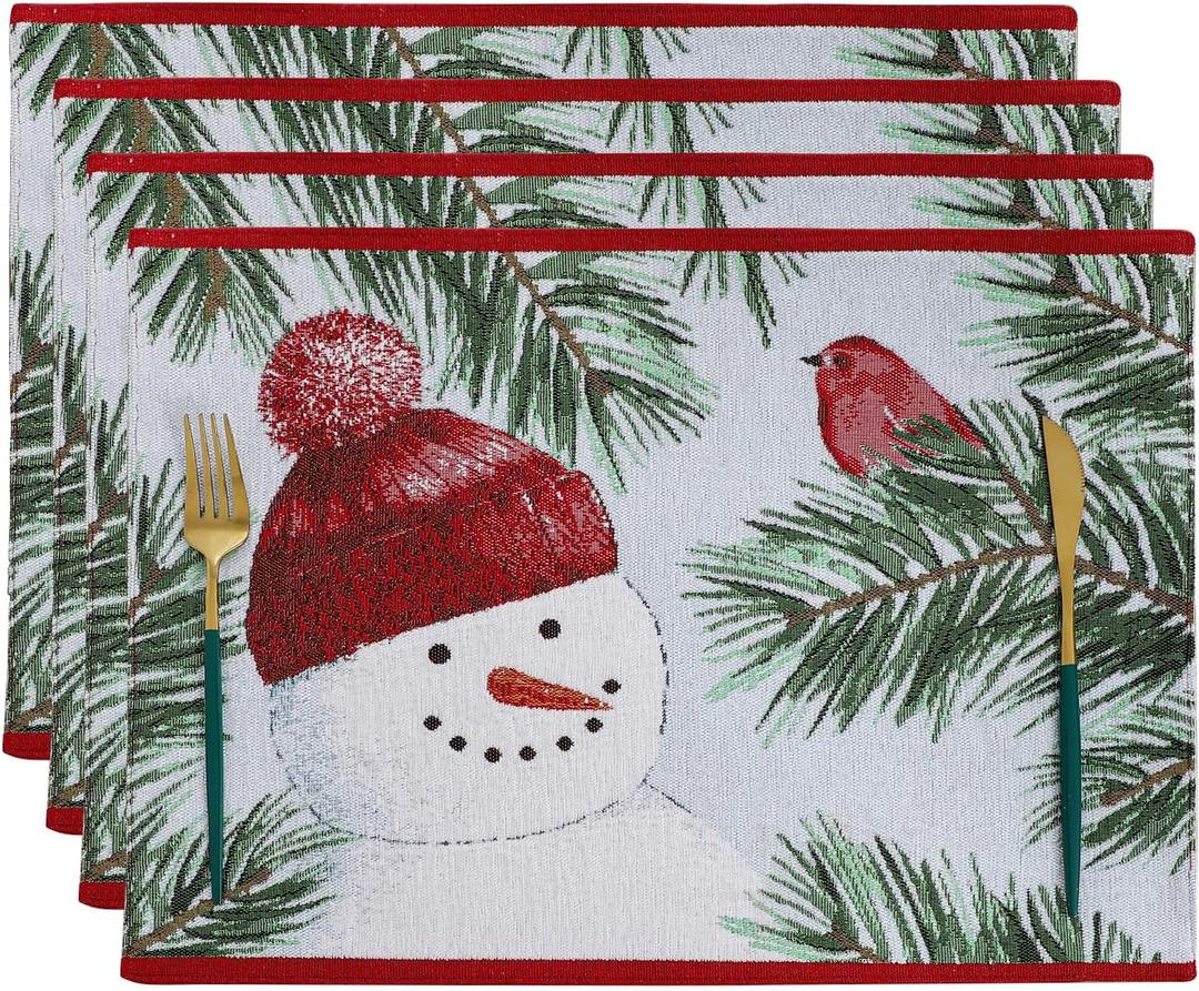 Randall Christmas Snowman Table Placemat Set of 4, Yarn-Dyed Jacquard Fabric Festive Dining Table Decoration for Kitchen Holiday Party & Family Gathering,Xmas Festive Party Supplies,13"18"(Red/Green)