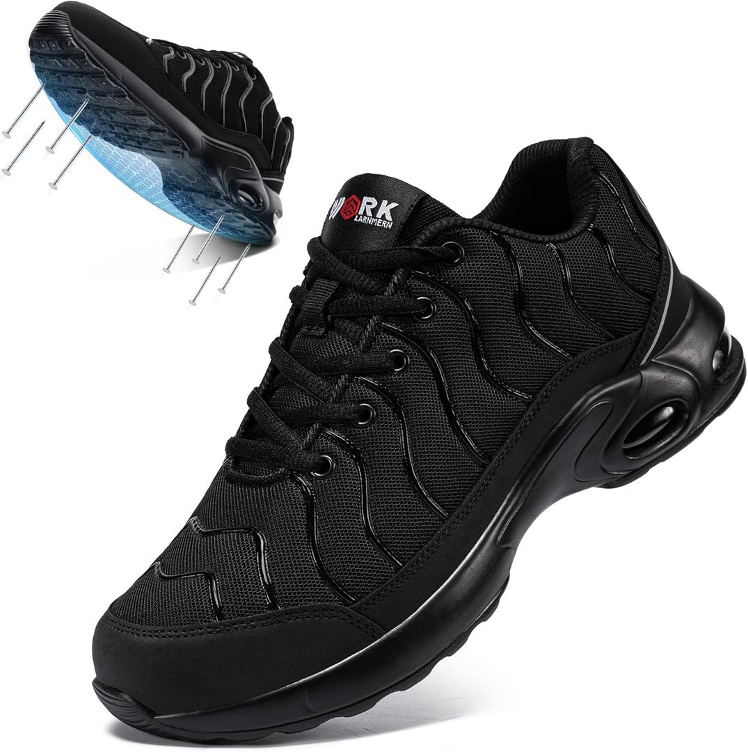 LARNMERN Steel Toe Shoes for Men Wide Women Lightweight Puncture Proof Work Safety Sneakers Breathable Slip Resistant Tennis Shoe (8.5 Women/6.5 Men, Dark)