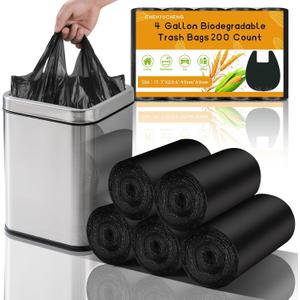 4 Gallon Small Trash-Bags With Handles - Black 4 Gal Mini Garbage Bag 200 Count Biodegradable Unscented 15 Liter Tiny Waste Basket Liners Bathroom Kitchen Office Car Strong Thick Bulk Chenyucheng