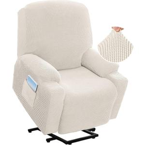 H.VERSAILTEX Stretch Couch Cover Recliner Cover Electric Power Lift Recliner Chair Cover Fitted Standard Large Power Lift Recliner with Side Pocket, Soft Thick Jacquard(Single Seat, Ivory)