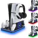 PlayStation Portal Charger, PS5 Stand and Cooling Station with RGB LED Controller Charging Dock Accessories, PS5 Edge Controller and PS Portal Charger, Headset and Remote Holders (Black)