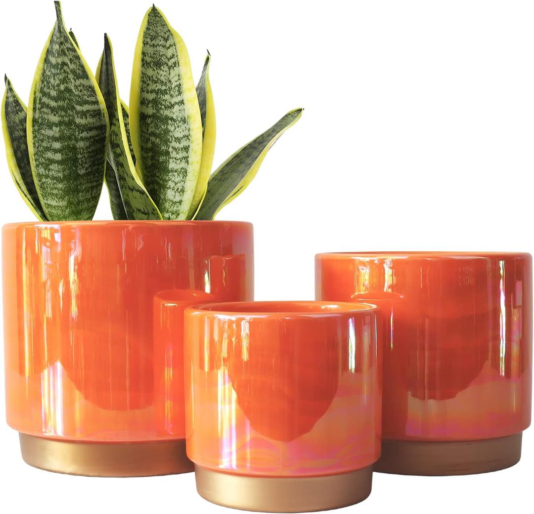 Gepege Ceramic Indoor Pots for Plants, Rainbow Pearl Glaze Planter with Drainage Hole, 6.0 inch+5.0 Inch+4.0 Inch. Orchid Flower Pots (Orange)