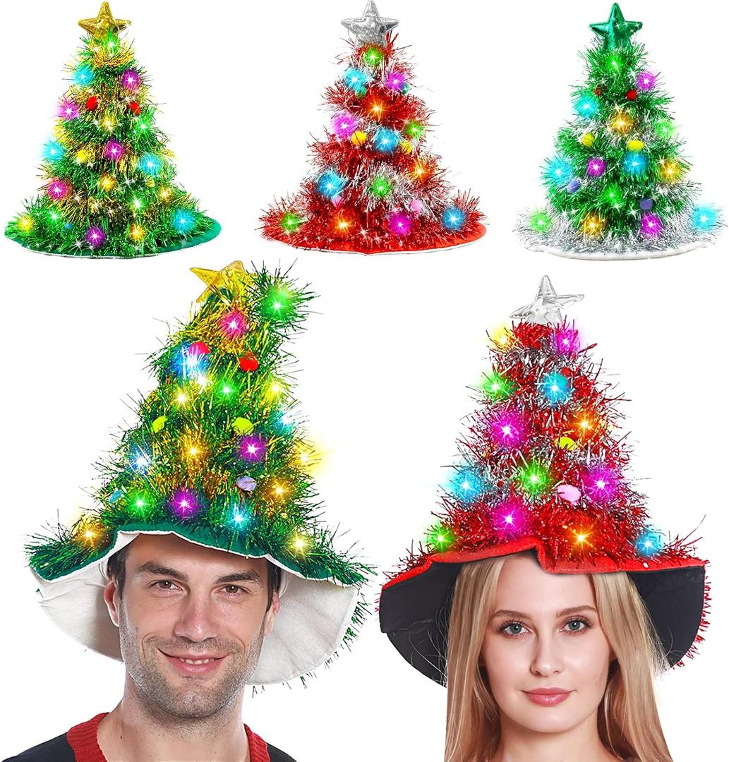 Camlinbo 3 Pcs Christmas Hats, Tinsel Tree Santa Hat with 30 Colored LED Lights, 3 Lighting Modes, Xmas Party Costume Accessories