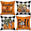 GEEORY Fall Decorative Throw Pillow Covers 20 x 20 Inch Set of 4, Pumpkins Thankful Blessed Buffalo Plaid Fall Decor Outdoor Farmhouse Pillow Cases for Home Couch (Orange Color) 