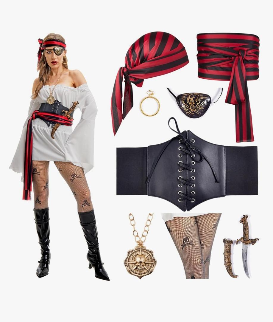 Halloween Costumes Woman - 8 in 1 Pack: Pirate Costume Set for Women with Corset & Accessories M