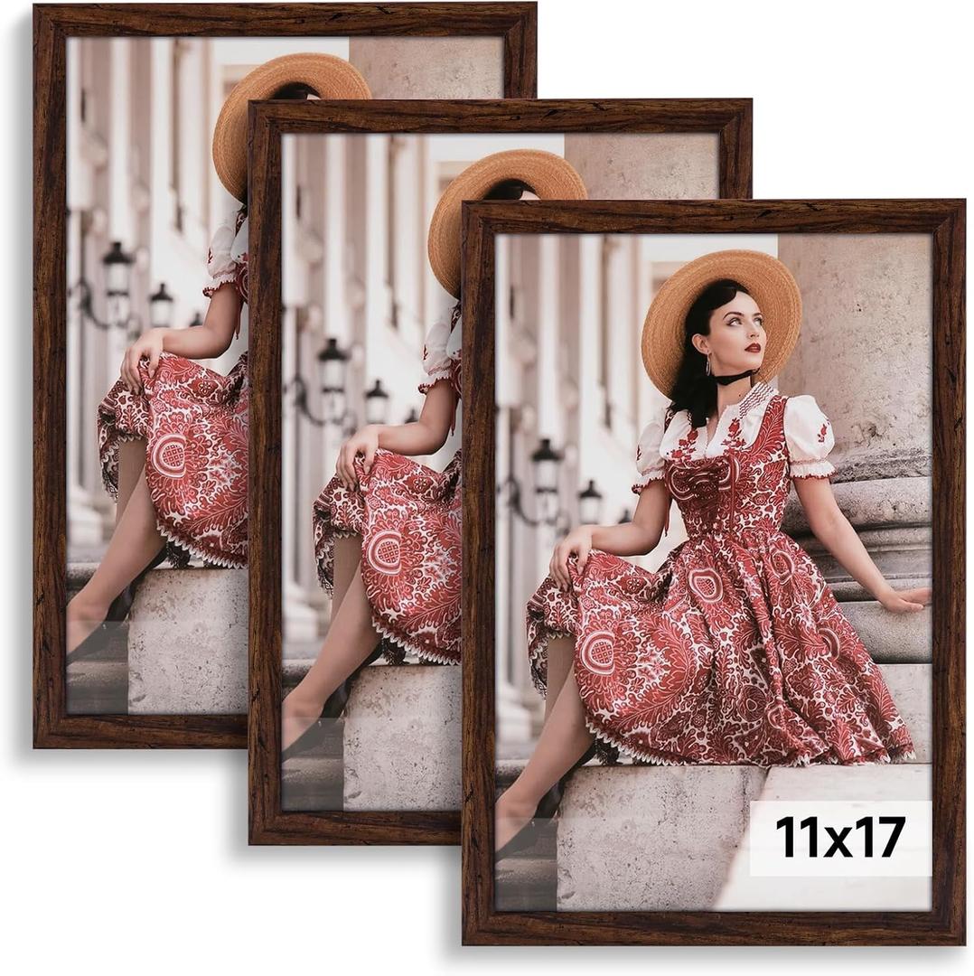 Dark Brown 11x17 Frame Set of 3 - Rustic Woodgrain 11 x 17 Poster Frame with Plexiglass for Wall Gallery Display, 11x17 Picture Frame for Puzzles, Artwork, Photos and Posters - Ideal Christmas Day