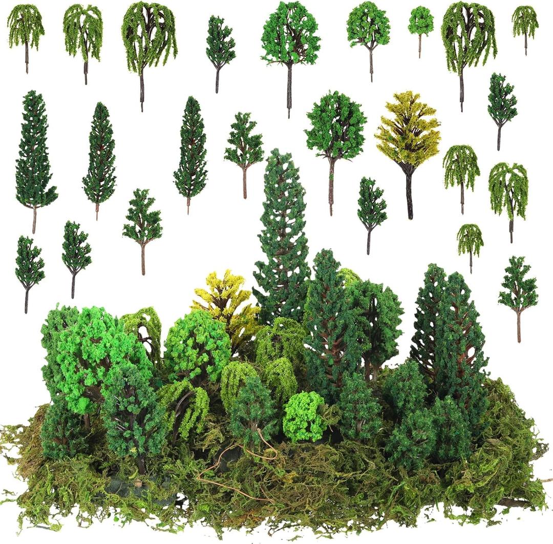 Tigeen 28 Pcs Model Trees Mixed Model with 1.4 Ounce Faux Green Moss Decor Tree Train Scenery Architecture for DIY Crafts, Building, Scenery Landscape(Natural Green)