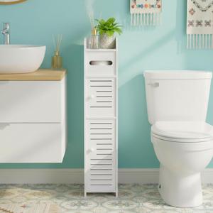 ShellKingdom Toilet Paper Holder Stand, Small Bathroom Storage Cabinet with Doors and Shelves, Slim Storage Cabinet for Bathroom Small Spaces Corner Floor - White (31.4 x 6.1 x 6.1 inch)