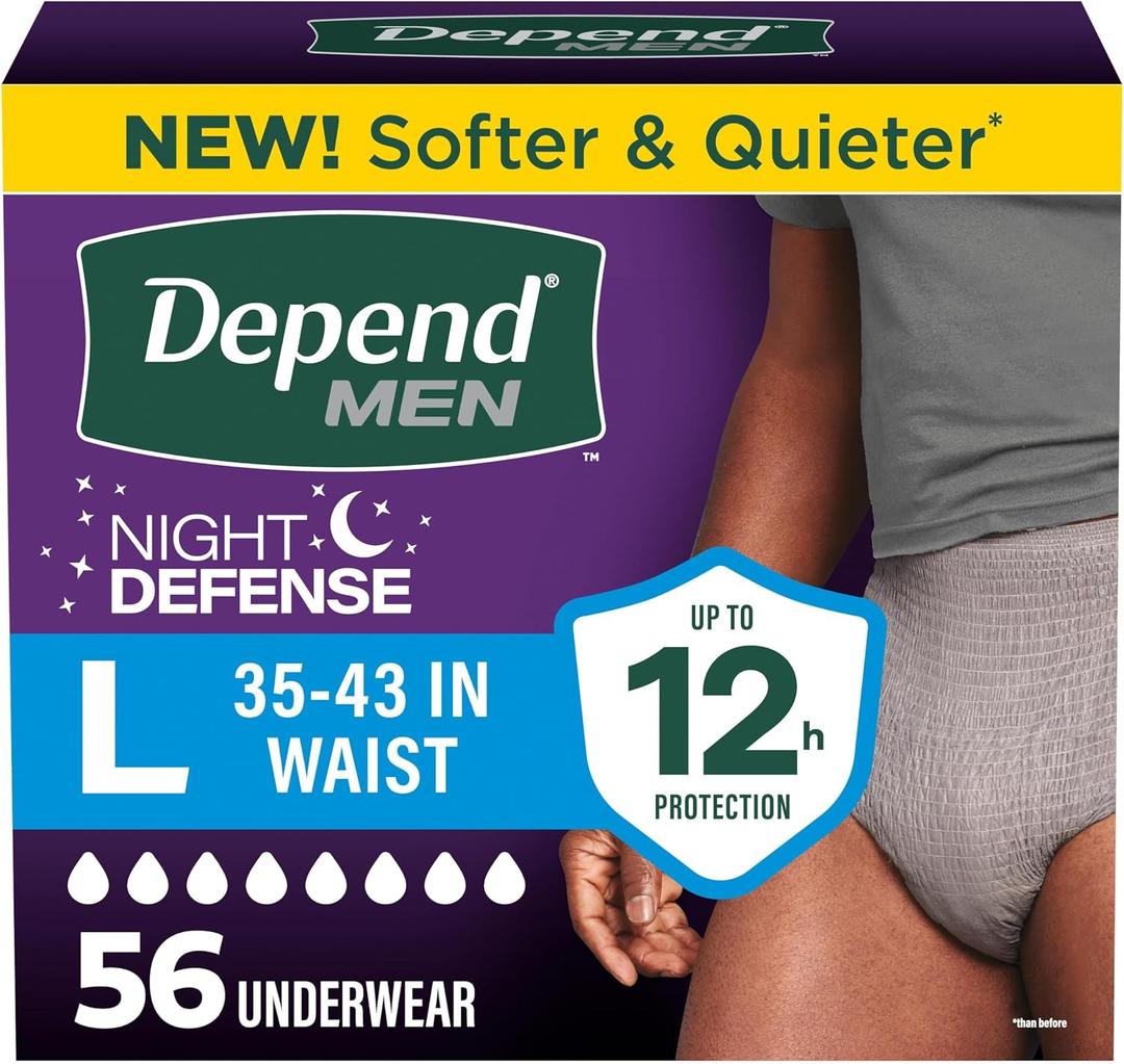 Depend Night Defense Adult Diapers, Incontinence Underwear for Men, Disposable, Overnight, Large, Grey, 56 Count (4 Packs of 14)