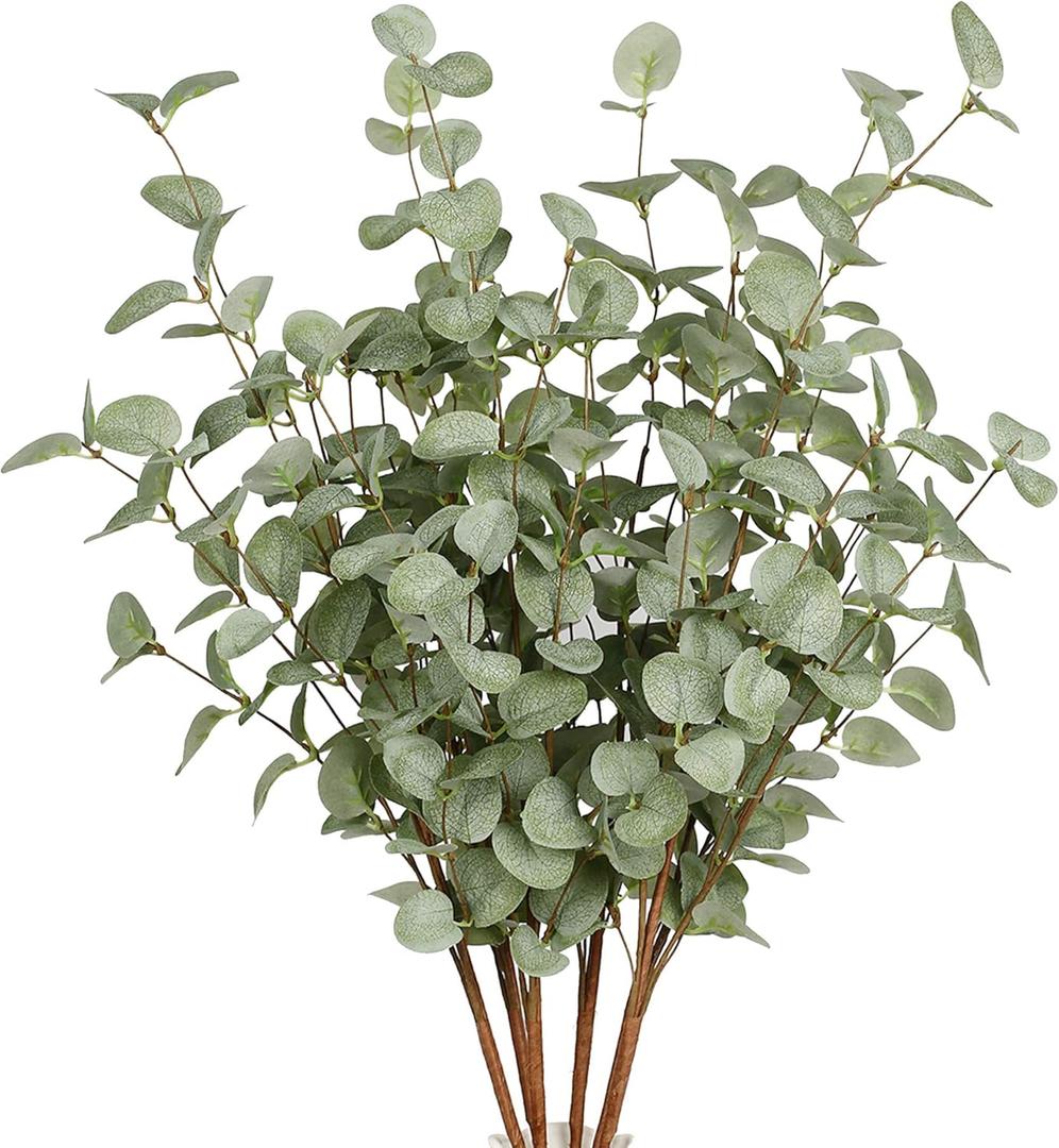 6 Pcs 27'' Eucalyptus Stems Greenery Stems Eucalyptus Leaf Spray in Green Silk Plastic Plants Floral Artificial Plants for Home Party Wedding Decoration